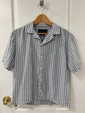 Abercrombie Office Cropped Flowy Vertical Stripe Button-Down Blue White Shirt